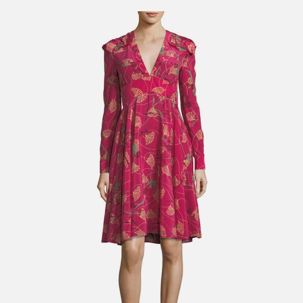 Valentino Lotus-Print Silk V-Neck Dress size 10